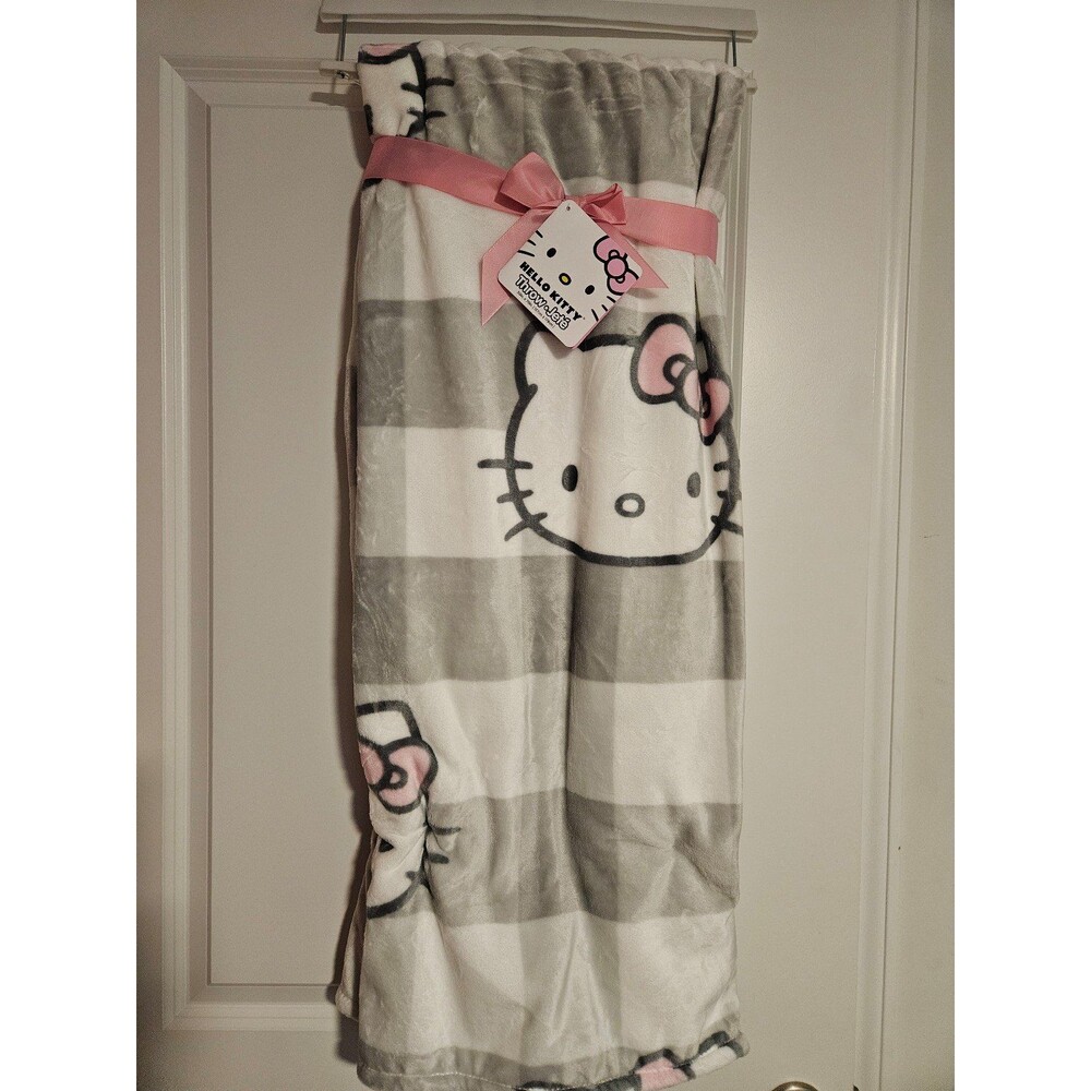 Hello Kitty Grey and White Striped Throw Blanket  50x70 NWT